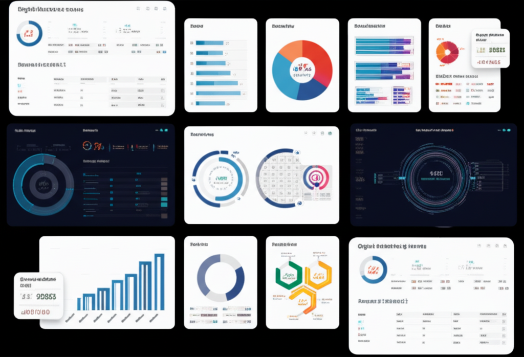 Digital marketing planning with charts and social icons